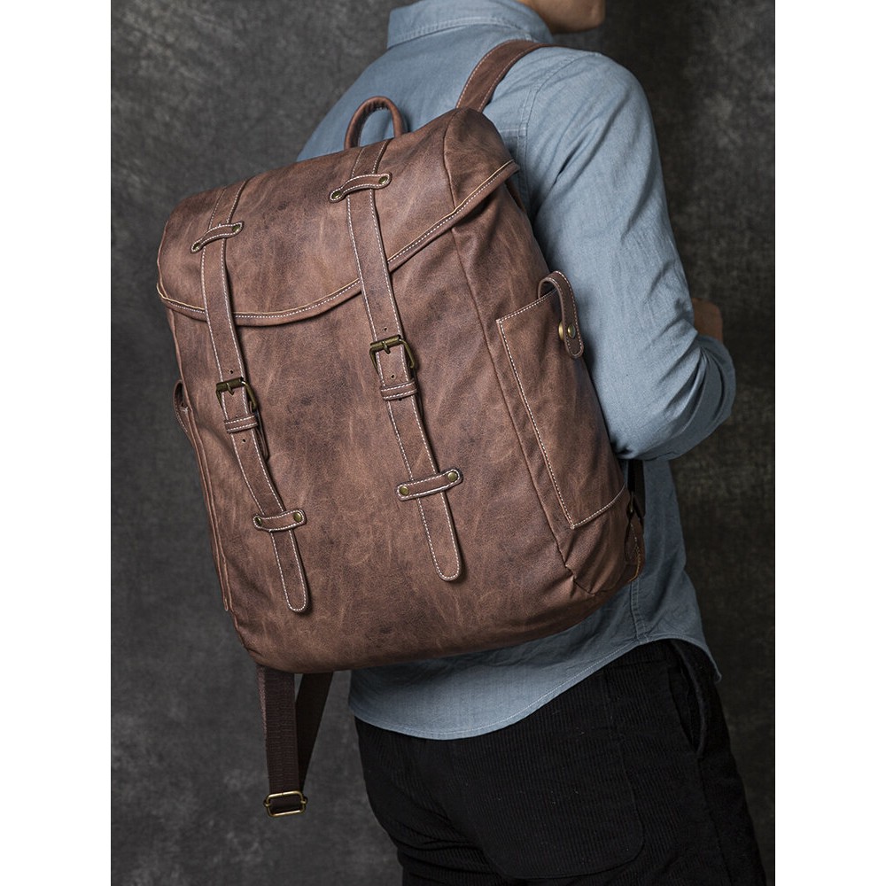 Men PU Leather Vintage 15.6 Inch Laptop Outdoor Large Capacity Backpack