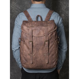Men PU Leather Vintage 15.6 Inch Laptop Outdoor Large Capacity Backpack