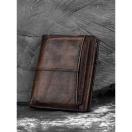 Men RFID Retro Genuine Leather Wallet Anti-theft Removable Old SIM Card Wallet