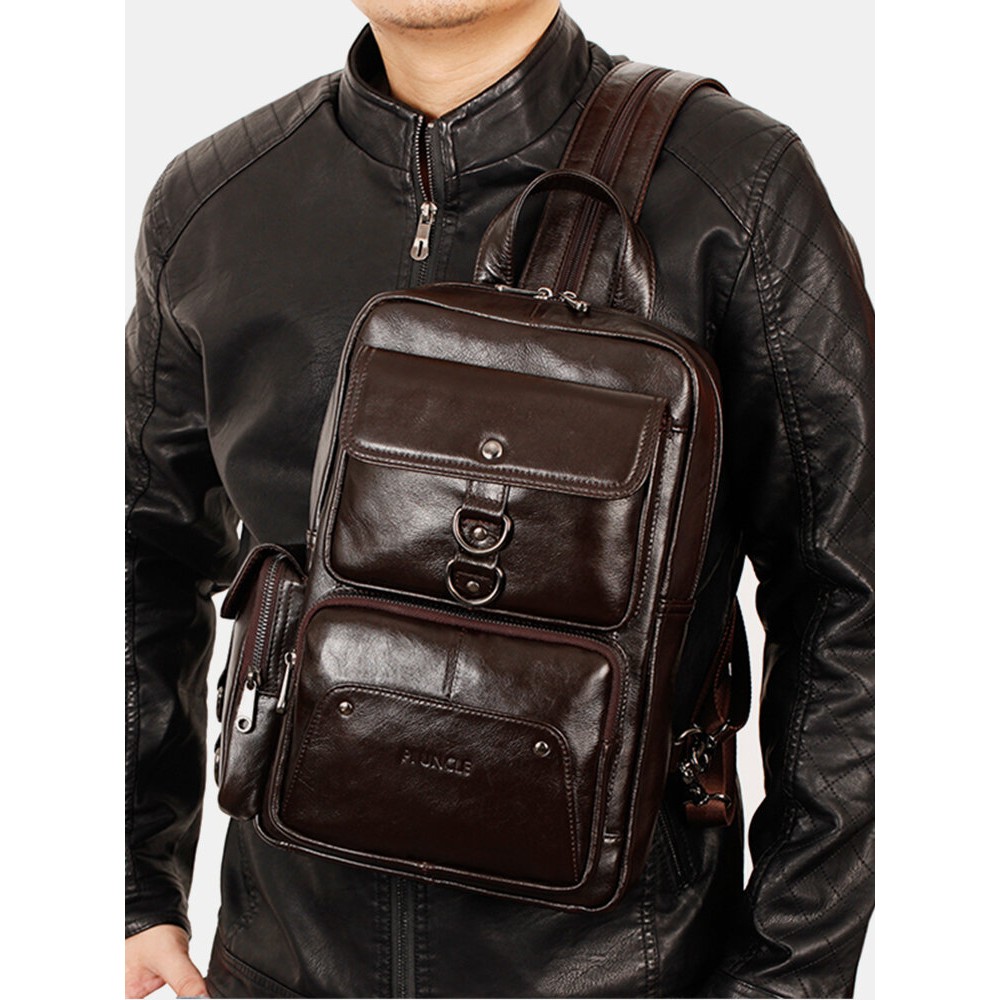 Men Sports Outdoor Genuine Leather Cow Leather Multifunction Multi-carry Crossbody Bag Backpack