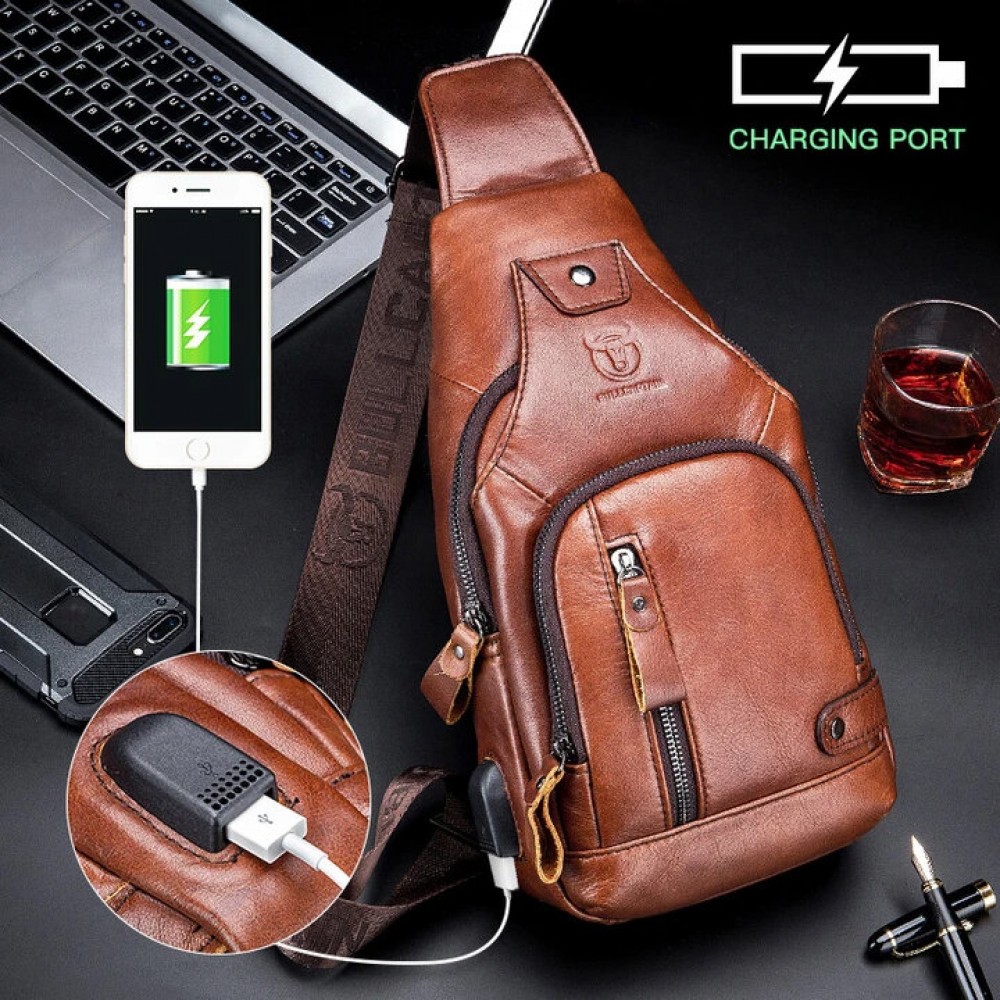 Men USB Charging Casual Bag Genuine Leather Chest Bag