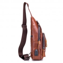 Men USB Charging Casual Bag Genuine Leather Chest Bag