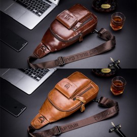 Men Vintage Genuine Leather Earphone Hole Multi-pocket Crossbody Bag Sling Bag