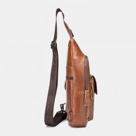 Men Vintage Genuine Leather Earphone Hole Multi-pocket Crossbody Bag Sling Bag