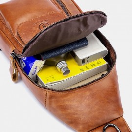 Men Vintage Genuine Leather Earphone Hole Multi-pocket Crossbody Bag Sling Bag