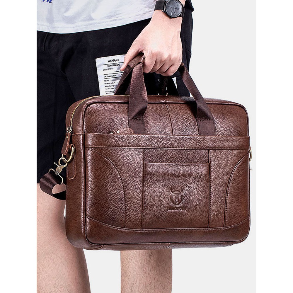 Men Vintage Leather Briefcase 14 inch Soft Genuine Leather Multifuntion Laptop Messenger Bag