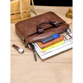 Men Vintage Leather Briefcase 14 inch Soft Genuine Leather Multifuntion Laptop Messenger Bag