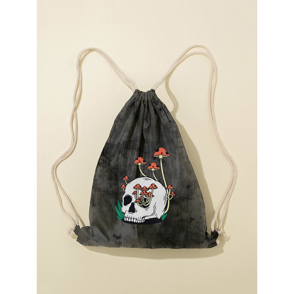 Men Women Skull Mushroom Pattern Print Drawstring Backpack