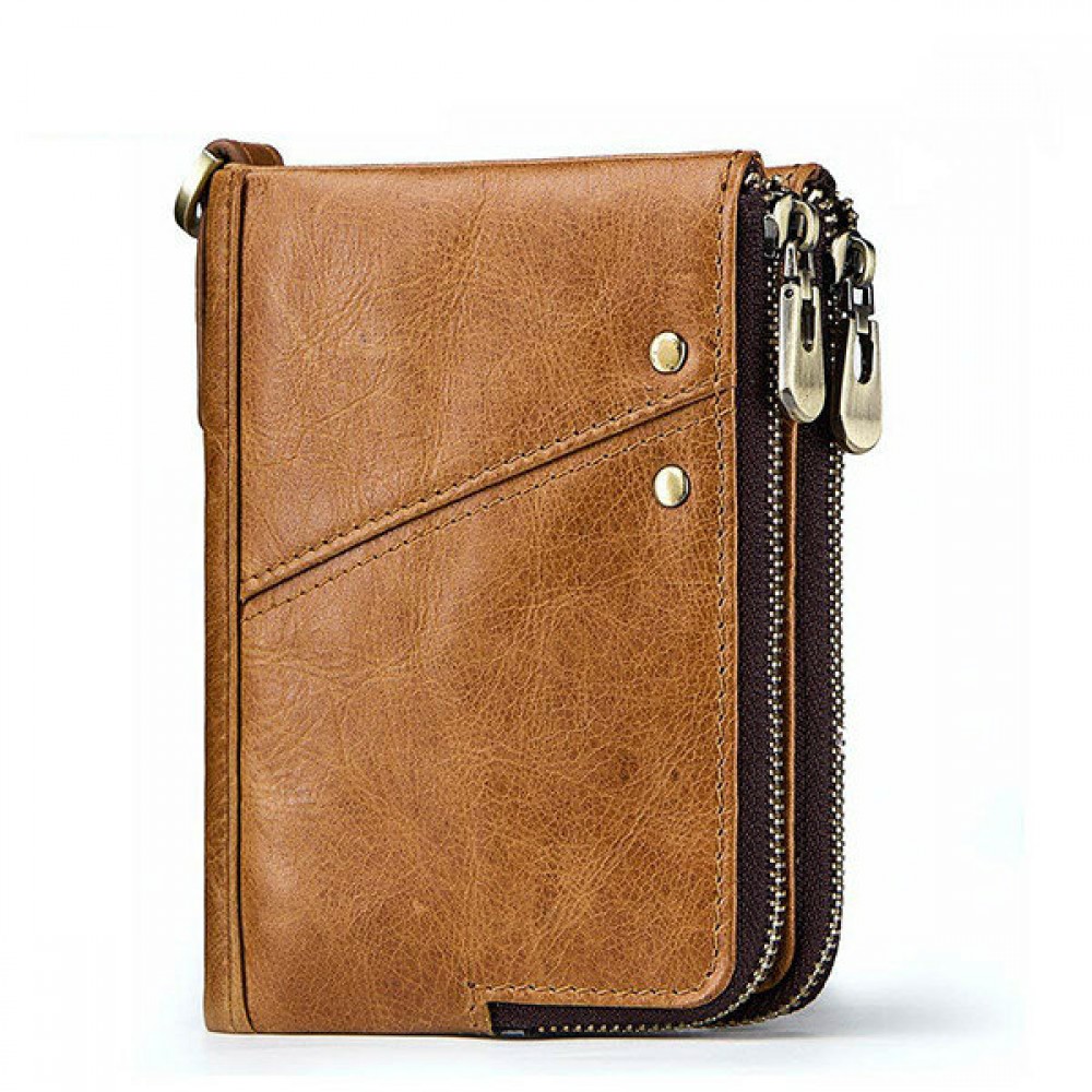 RFID Genuine Leather 12 Card Slot Casual Multifunction Wallet Double Zip Retro Purse For Men Women