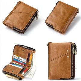 RFID Genuine Leather 12 Card Slot Casual Multifunction Wallet Double Zip Retro Purse For Men Women