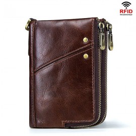 RFID Genuine Leather 12 Card Slot Casual Multifunction Wallet Double Zip Retro Purse For Men Women