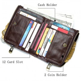 RFID Genuine Leather 12 Card Slot Casual Multifunction Wallet Double Zip Retro Purse For Men Women