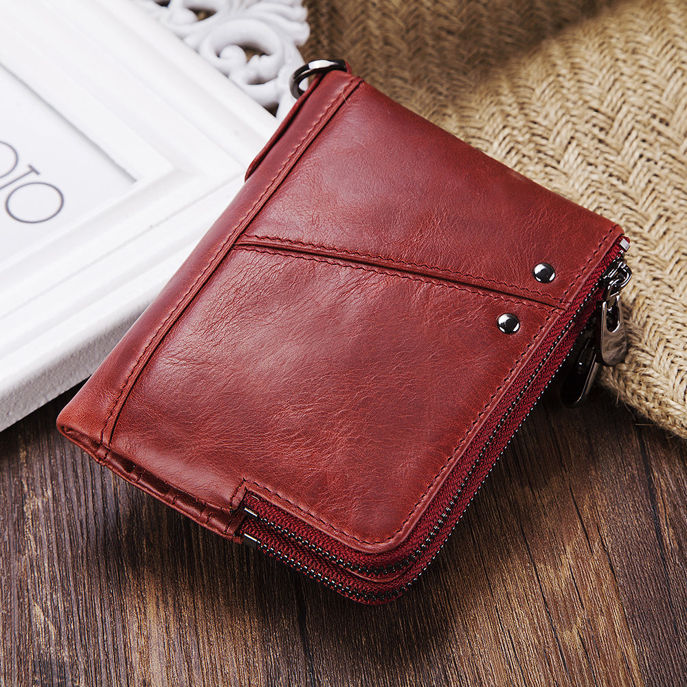 RFID Women Genuine Leather 12 Card Slot Bifold Short Wallet Double Zipper Coin Purse