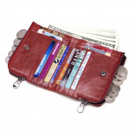 RFID Women Genuine Leather 12 Card Slot Bifold Short Wallet Double Zipper Coin Purse