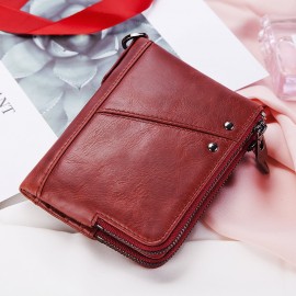RFID Women Genuine Leather 12 Card Slot Bifold Short Wallet Double Zipper Coin Purse