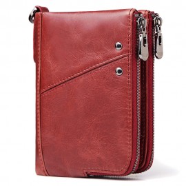 RFID Women Genuine Leather 12 Card Slot Bifold Short Wallet Double Zipper Coin Purse