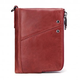 RFID Women Genuine Leather 12 Card Slot Bifold Short Wallet Double Zipper Coin Purse