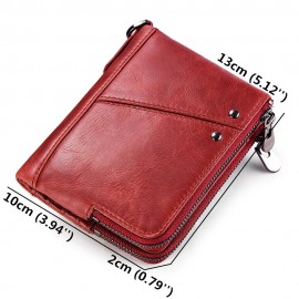 RFID Women Genuine Leather 12 Card Slot Bifold Short Wallet Double Zipper Coin Purse