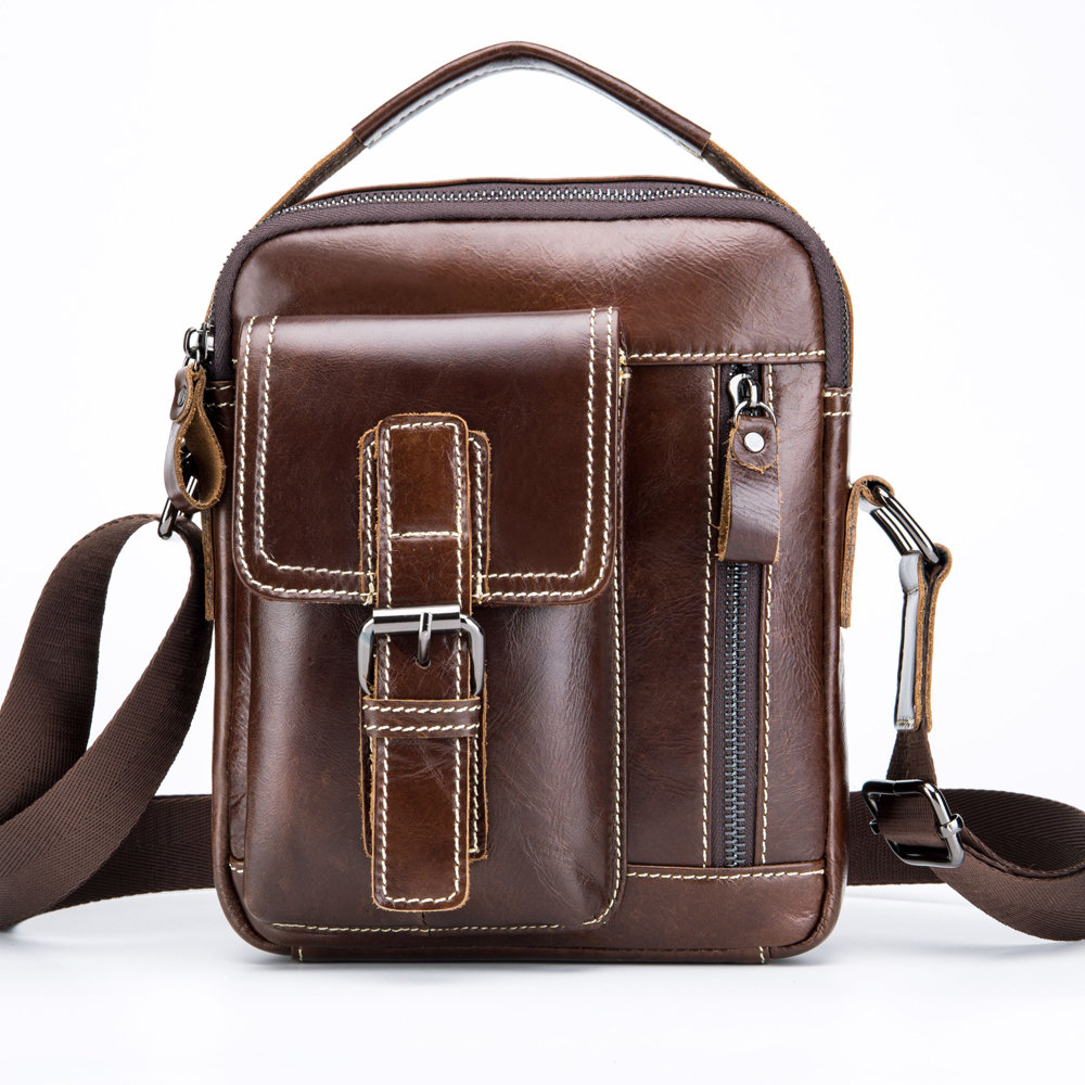 Retro Genuine Leather Business Casual Bag 6 Inch Phone Pocket Crossbody Bag For Men