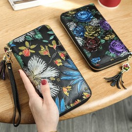 Vintage Genuine Leather National Style Multi-slots Wallet Card Holder Phone Bag For Women