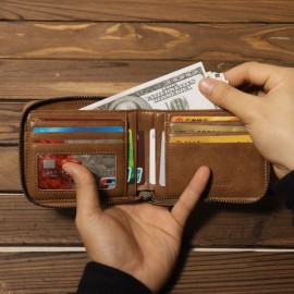 Vintage Leather Short Zipper Card Holder Wallet For Men