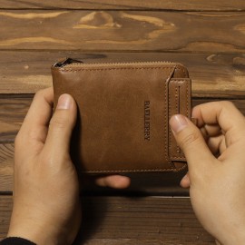 Vintage Leather Short Zipper Card Holder Wallet For Men