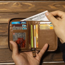 Vintage Leather Short Zipper Card Holder Wallet For Men