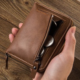 Vintage Leather Short Zipper Card Holder Wallet For Men