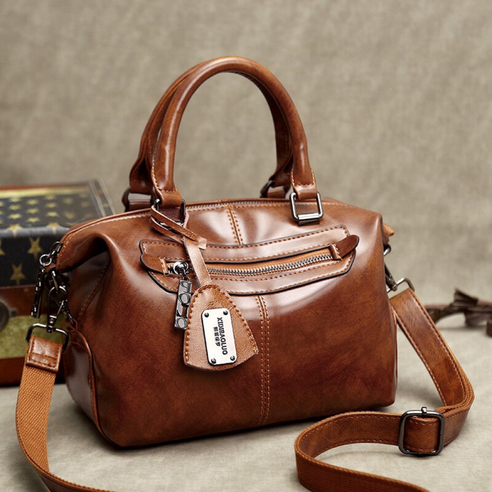 Vintage Oil-wax PU Leather Soft Handbag Boston Shoulder Bags Crossbody Bags For Women