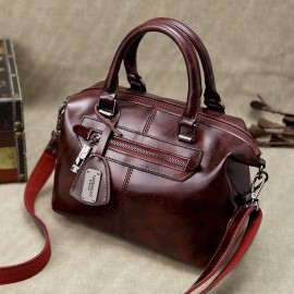 Vintage Oil-wax PU Leather Soft Handbag Boston Shoulder Bags Crossbody Bags For Women