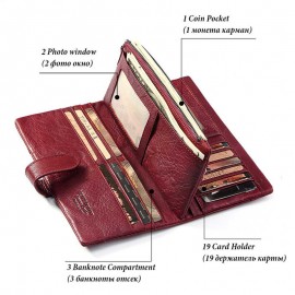 Women 19 Card Slot Genuine Leather Long Wallet Vintage Phone Purse Solid Coin Purse