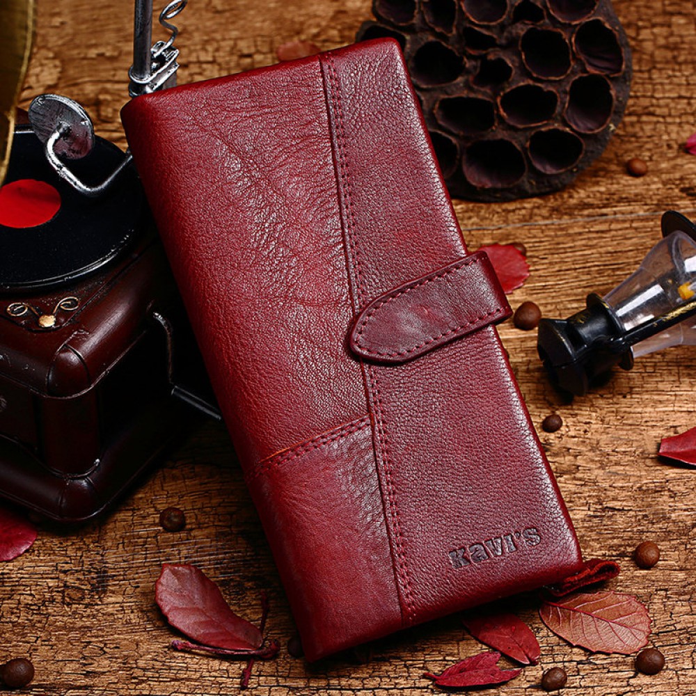 Women 19 Card Slot Genuine Leather Long Wallet Vintage Phone Purse Solid Coin Purse