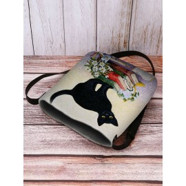 Women Black Cat Book Pattern Print Crossbody Bag Shoulder Bag