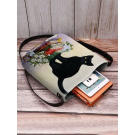 Women Black Cat Book Pattern Print Crossbody Bag Shoulder Bag