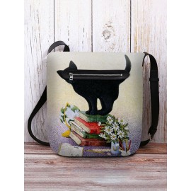 Women Black Cat Book Pattern Print Crossbody Bag Shoulder Bag