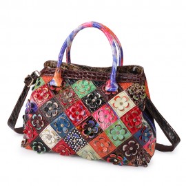 Women Bohemian Genuine Leather Floral Handbags Large Capacity Vintage Crossbody Bags
