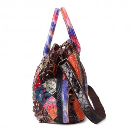 Women Bohemian Genuine Leather Floral Handbags Large Capacity Vintage Crossbody Bags