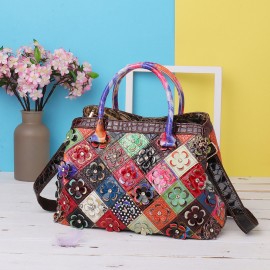 Women Bohemian Genuine Leather Floral Handbags Large Capacity Vintage Crossbody Bags
