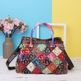 Women Bohemian Genuine Leather Floral Handbags Large Capacity Vintage Crossbody Bags