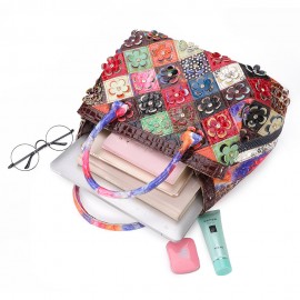 Women Bohemian Genuine Leather Floral Handbags Large Capacity Vintage Crossbody Bags