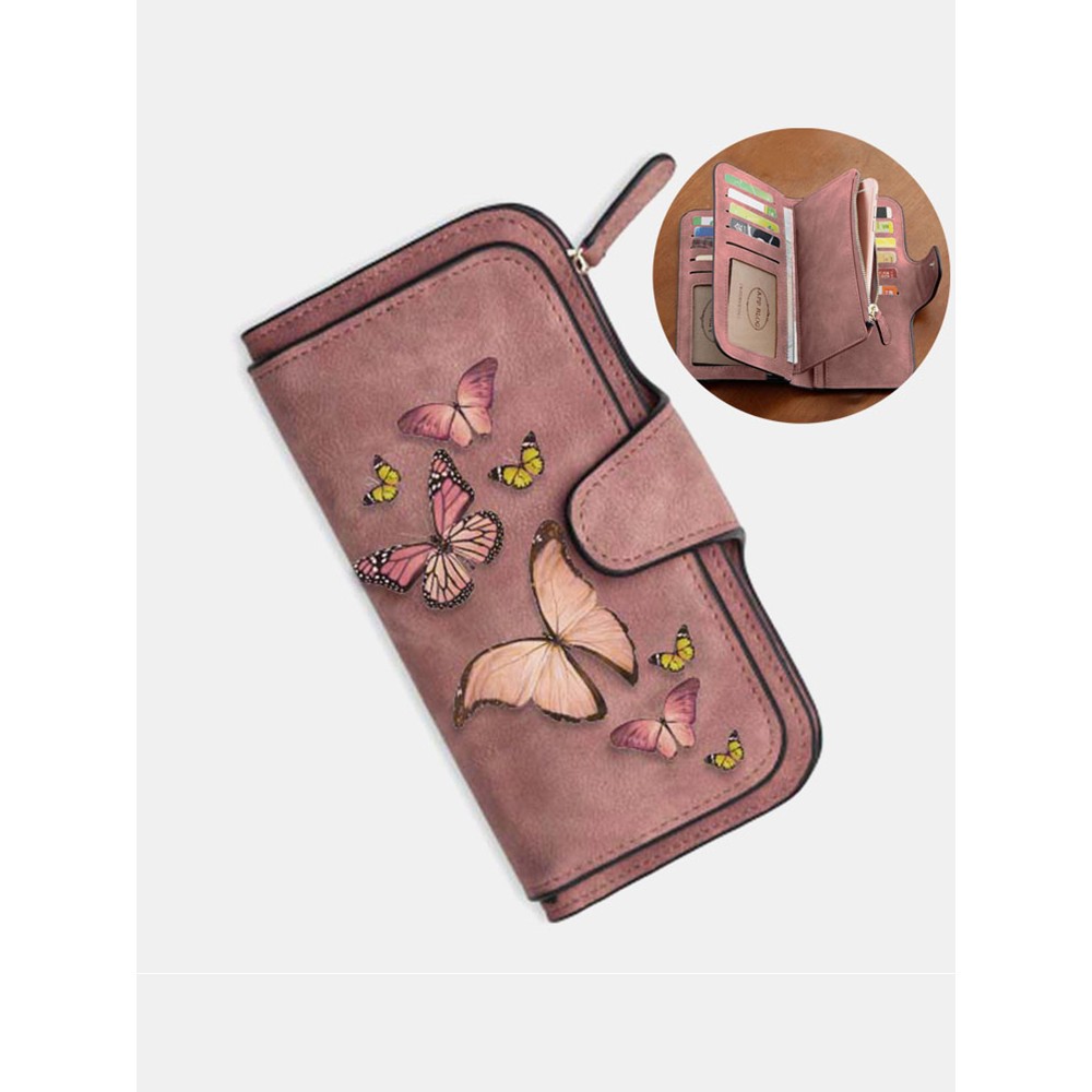 Women Butterfly Four Fold Wallet Purse 14 Card Slot 5.5 Inch Phone Bag