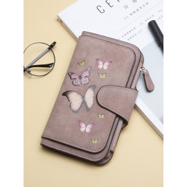Women Butterfly Four Fold Wallet Purse 14 Card Slot 5.5 Inch Phone Bag