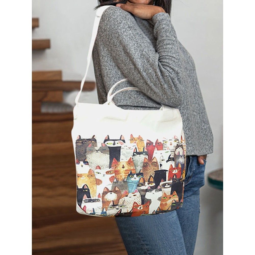 Women Canvas Cat Print Handbag Shoulder Bag Tote