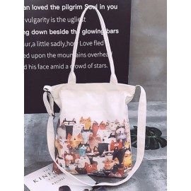 Women Canvas Cat Print Handbag Shoulder Bag Tote