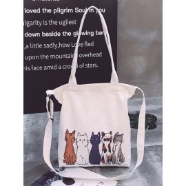 Women Canvas Cat Print Handbag Shoulder Bag Tote