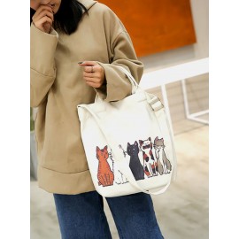 Women Canvas Cat Print Handbag Shoulder Bag Tote
