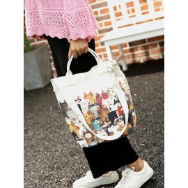 Women Canvas Cat Print Handbag Shoulder Bag Tote