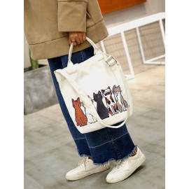 Women Canvas Cat Print Handbag Shoulder Bag Tote