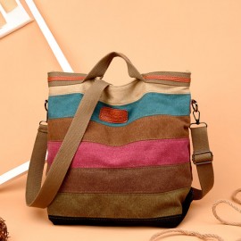 Women Canvas Contrast Color Striped Shoulder Bags Leisure Crossbody Bags Large Capacity Handbags