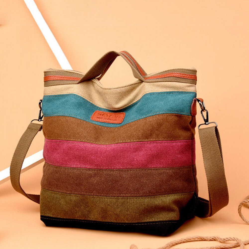 Women Canvas Contrast Color Striped Shoulder Bags Leisure Crossbody Bags Large Capacity Handbags